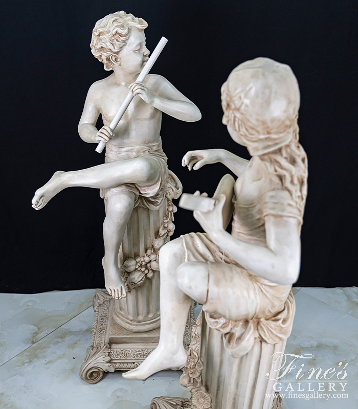 Marble Statues  - Cast Marble Child Flutist And Mandolin Player Pair - MS-1267